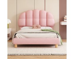 90x200cm eenpersoonsbed - kinderbed - jeugdbed - gestoffeerd bed - houten lattenbodem - ronde fleece - roze - zonder matras