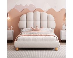 90x200cm eenpersoonsbed - kinderbed - jeugdbed - gestoffeerd bed - houten lattenbodem - ronde fleece - wit - zonder matras