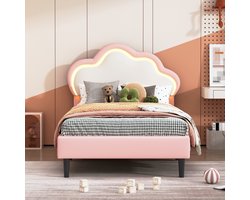 90x200cm Prinsessenbed voor Kinderen – Roze & Wit Kunstleer Wolk Hoofdeinde met Lattenbodem – Meisjes Slaapkamermeubilair