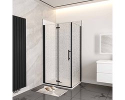 90x70x195cm douchecabine met inklapbare vouwdeur en vaste zijwand, 6mm helder EasyClean veiligheidsglas,mat zwarte aluminium frame