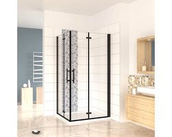 90x90x195cm Douchecabine Vierkant Hoekinstap Draaideur Antikalk Helder Glas Mat Zwart Profiel 6mm Veiligheidsglas Easy Clean