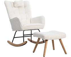 92 cm hoge witte schommelstoel, zitbreedte 65 cm - inclusief 1 kussen en 1 voetenbankje (49*38*38 cm), stabiele rubberen basis, loungestoel