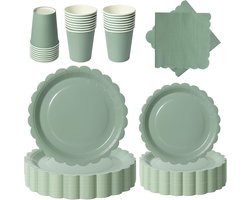 96 Stuks Servies Set - Papieren Feestservies - Borden en Bekers - Feestpakketten - Duurzaam en Waterdicht - 24 Personen - Niet Verhitten - Herbruikbaar Bestek - Feest/Verjaardag/Bbq Picknick - Verjaardag Feestartikelen - Groen