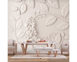 98cm X 70cm - Zelfklevend fotobehang -  Creme kleurige Papieren Bloemen  , Premium Print