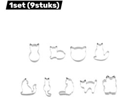 9stuks - Bakbenodigdheden - RVS - Katten Koekjesvormen - Uitsteekvormen voor Boterdeeg en Fondant - Schattige Dieren Print - DIY bakken - bak accessoires - zilver
