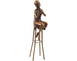 A Little Rouge - Bronzen Beeld - Kunst Sculptuur - Vrouw op Kruk - Brons Beeldje - Verzameling Decoratie - 8x7x27