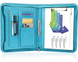 A4 Conferentie Map met Rits - Waterdichte Lederen Organiser voor Documenten in Turquoise met Extra Vakken en Professionele Afwerking