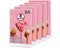 A5 Acryl Bordhouder, Duidelijke T-vormige Tafeldisplay, Dubbelzijdig voor Menu's, Ideaal voor Kantoor, Restaurant en Papieren Desk Displays (5 Stuks)