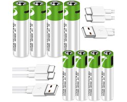 AA + AAA Oplaadbare Batterijen 1,5 Volt (2600 + 750 mWh) met USB Type-C Kabels opladen - Duurzame Keuze - Lithium AA + AAA batterijen - 8 stuks