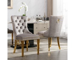 A&A Furniture - Nikki Collectie - Velvet Eetkamerstoelen Set van 2 - Gouden Stalen Poten & Nailhead Trim - Grijs en Goud