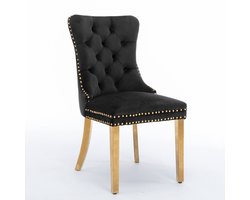 A&A Furniture, Nikki Collection Moderne, hoogwaardige gestoffeerde eetkamerstoel van massief hout met fluwelen bekleding, gouden roestvrijstalen poten en siernagels, set van 2, zwart en goud, DE1601BK