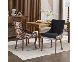 A&A Meubels, Ultra Side Eetkamerstoel, Verdikte stoffen stoelen met houten poten in neutrale tint, Bronskleurige nagelkop, Set van 2, Luipaardprint, DE1807LP
