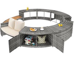 Aafinity Tuinset Van Pe-rotan Met Opbergruimte, Ronde Loungebank Rondom De Jacuzzi, Weerbestendige Zitgelegenheid Bij Het Zwembad Met Kussens En Bijzettafel
