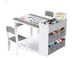 AALVERO - Knutseltafel - Hobbytafel - Speeltafel - Inclusief 2 stoelen - Opbergbakken - 102 x 55 x 64 cm - Hout - Grijs/Wit