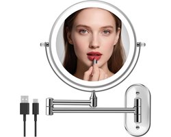 Aan de muur te bevestigen make-upspiegel - Dimbaar scheerspiegel - Verlichte make-upspiegel - Opklapbare badkamerspiegel - 10x vergrotende spiegel - 20,3 cm - Met verlichting - Schakelaar met 3 kleuren - 360 graden draaibaar - Zilver