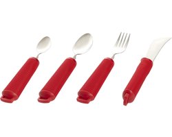 Aangepast dik bestek 4-delige set, bestekset. Verdikt handvat met soft grip. Buigzaam / Buigbaar. Rood voor Alzheimer.