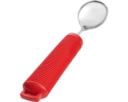 Aangepast dik bestek, Soeplepel. Verdikt handvat met soft grip. Buigzaam / Buigbaar. Rood