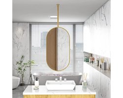 Aanpasbare ovale gouden plafondspiegel - stijlvol metalen frame met ophangstang, perfect voor badkamer en woonkamer wanddecoratie, elegante glazen spiegel voor moderne ruimtes