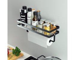 Aanpassing titel: Kruidenrek voor aan de muur met keukenrolhouder en 4 haken 35 cm - Zwart - Hangend voor keuken badkamer commode en meer - Zonder boren