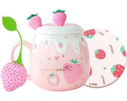 Aardbeien mokken roze koffiemok keramische kawaii beker ochtend thee melk fruit mok met mooi deksel roestvrij stalen lepel creatieve nieuwigheid verjaardag Valentijnsdag Kerstmis voor geliefden