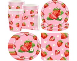 Aardbeienfeest Servies Set - Aardbeienfeest Tafelservies voor 16 Gasten - Roze Wegwerp Papieren Borden - Bekers - Servetten - Kinderverjaardag Decoratie - Babyshower