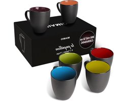 Aardewerk Koffiemokken Set - Zwart Buitenkant Kleurrijke Binnenkant Koffiekopjes set van 6