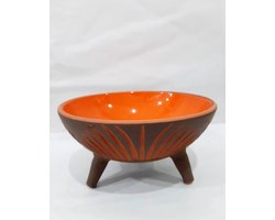 Aardewerk patroon Fruit en Saladeschaal 3 poten kom handgemaakt oranje 25cm