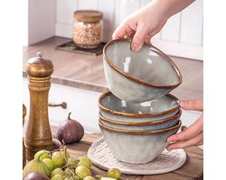 Aardewerk Ramen-Kom Pastakommen 4-Delige Schalenset Dessertkom Snackschaal IJsschaal 600 ml Vintage Design Schalen set