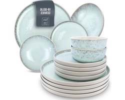 Aardewerk Servies Set 18-delig - Moderne Servies Set voor 6 Personen - Vaatwasser- en Magnetronbestendig - Ibiza Stijl - Licht Beige-blauw bordenset 6 person