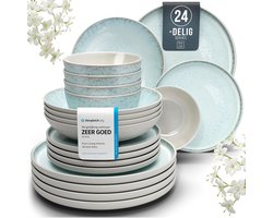 Aardewerk Servies Set Ibiza 24-delig - Vaatwasser-, Magnetron- en Krasbestendig Servies - Moderne Kommen en Borden Set voor 6 Personen - Tafelservice Pure Living in Lichtblauw-Beige