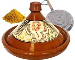 Aardewerk Tajine - Marokkaanse Pot - Traditioneel Koken - Handgemaakt Beschilderd - 35 cm - Multicolor