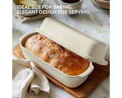 Aardewerken brood bakvorm met deksel - Zelf brood bakken - Crème wit - 34 x 13,5 x 14 cm