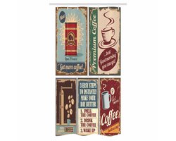 ABAKUHAUS 1950s Douchegordijn voor Douchecabine, Coffee Posters en Signs Ontwerp Bean Cup Espresso Mug Cappuccino Logo Print, Stoffen Badkamerdecoratieset met Haken, 90 cm B x 180 cm L, Rood Blauw