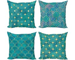 ABAKUHAUS Abstract Sierkussen Kussenhoes 4 er Set, Aquarel Oosters Squama, Modern Accent Dubbelzijdige Digitale Print, 50 x 50 cm, Zeegroen Ceil Blauw en Kamel