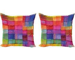 ABAKUHAUS Abstracte decoratieve kussenhoezen, 2-pack, regenboogkleurige vierkanten, modern accent, 50x50 cm, magentablauw
