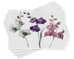 ABAKUHAUS Aquarel-placemats, mooie orchideeën in drie kleuren, bloeiend thema rondom, tafeldecoratie van kleurvast stof voor de eetkamer en de keuken, gedroogde rozen in paars en crème