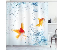 ABAKUHAUS Aquarium Douchegordijn, Onder De Aquarium Thema Swimming Goldfishes met Vivid Bubbles Afbeelding, Stoffen Badkamerdecoratieset met Haken, 175 cm B x 190 cm L, Geel Oranje
