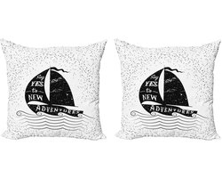 ABAKUHAUS Avontuurlijke decoratieve kussenhoes, 2 stuks, kleine boot, maritiem, 50x50 cm, wit/zwart