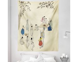 ABAKUHAUS Aziatisch Wandkleed Eenpersoonsformaat, Korean Folklore Schilderij Minhwa Chestnut Boom Fruit Picking Seizoen in Herfst, Wandkleed Bedsprei Bedhoes Wanddecoratie, Eenpersoonsformaat, Eierschaal en Meerkleurig