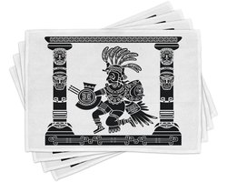 ABAKUHAUS Azteekse tafelmatten, tribale godheid Quetzalcoatl, Maya-god van wind en wijsheid, spirituele illustratie, Tiscjdeco, van kleurvast stof, voor eetkamer en keuken, wit en zwart