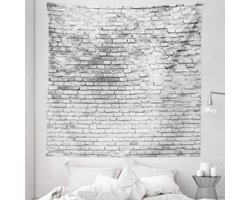 ABAKUHAUS Baksteen Wand Wandkleed Queen-formaat, Versleten en Cracked Grunge Gekleurd Baksteen Wand Masonry Architectuur Afbeelding Print, Wandkleed Bedsprei Bedhoes Wanddecoratie, 220 x 220 cm, Wit Grijs