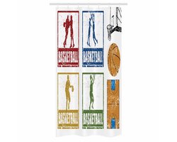 ABAKUHAUS Basketball Douchegordijn voor Douchecabine, Vintage Stijl Rubber Stamp Ontwerp Print Illustratie Basketball Players, Stoffen Badkamerdecoratieset met Haken, 90 cm B x 180 cm L, Marineblauw Groen Rood