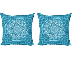 ABAKUHAUS Blauwe Mandala Decoratieve Kussenhoes 2-pack, Modern Accent Dubbelzijdige Digitale Print, 40x40 cm, Zeeblauw Grijs Wit