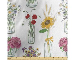 ABAKUHAUS Bloemen Stof per Meter, Kleurrijk Zonnebloemen Madeliefjes Kamille en Pioenrozen in Glazen Potten Tuinieren Thema, Decoratieve Satijnstof voor Woontextiel en Hobby, 2 Meter, Roze Geel