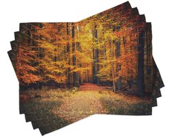 ABAKUHAUS bos-placematten, magische herfstfoto in nationaal park met levendig bladpatroon, eco-aarde-mystiek-thema, gemaakt van kleurvast stof, voor eetkamer en keuken, oranje-bruin