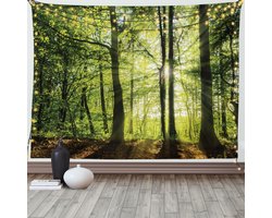 ABAKUHAUS Bos Wandkleed, Zonnig Bos in De Lente met Zonnestralen Landelijk Areas Jungle Natuur Foto Kunst, Breed Wandkleed voor Slaapkamer Woonkamer Studentenkamer, 200 x 150 cm, Groen Bruin
