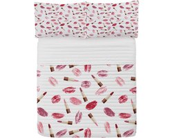 ABAKUHAUS Cosmetics Microfiber Bedspreiset, Lipstick Kiss Make-up, Zacht beddengoed met kussenslopen en quilt, 264 cm x 220 cm, bordeauxrood en roze