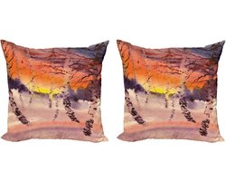 ABAKUHAUS Decoratieve kussenhoes met bosmotief, 2 stuks, zonsondergang in een berkenbos, 40x40 cm, grijs oranje