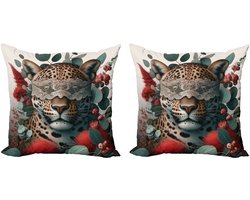 ABAKUHAUS Decoratieve kussenhoes met luipaardprint, 2 stuks, moderne accenten, dubbelzijdige digitale print, 45x45 cm, lauriergroen, vermiljoen