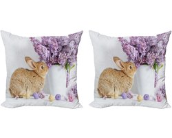ABAKUHAUS Decoratieve kussenhoes met paashaas, set van 2, konijn met seringen, moderne accent, dubbelzijdige digitale print, 45x45 cm, meerkleurig